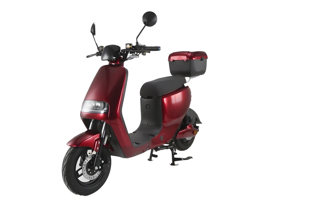 Bordo metalik City Go električni skuter sa koferom, pogled spreda sa strane